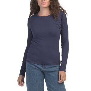 GOLDIE TEE Navy Ribbed Long Sleeve Puff Shoulder Top